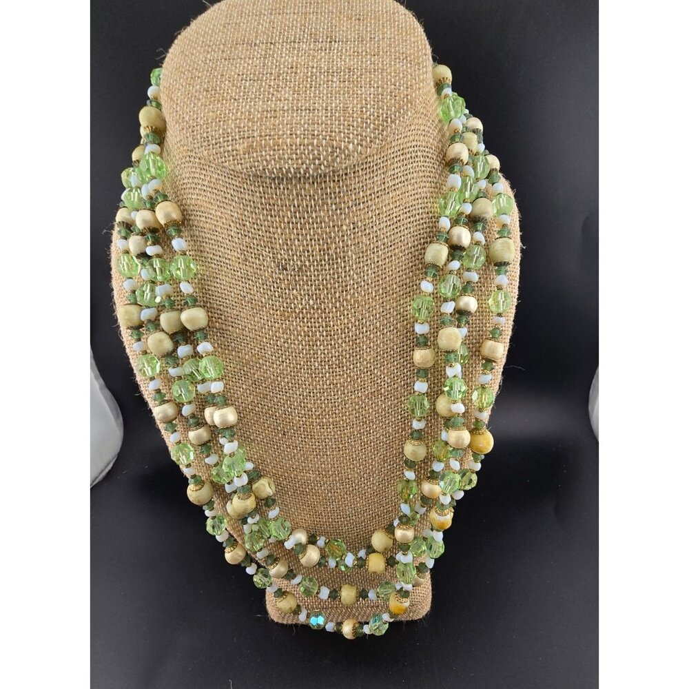 Multi-Strand Green & Cream Glass Bead Necklace Brass Clasp 44" Opera Easter - Picture 7 of 8